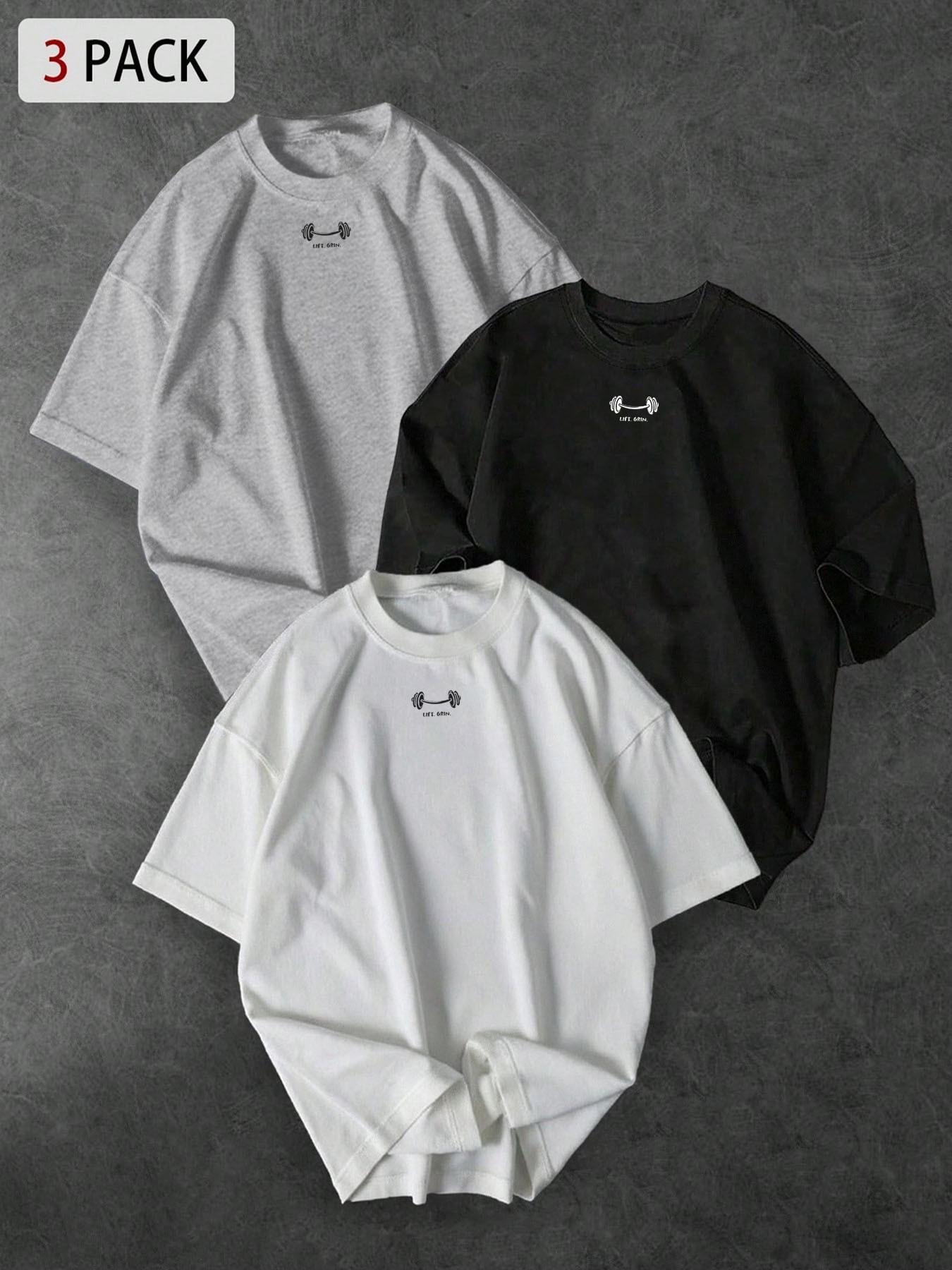3-Pack Unisex Oversized T-Shirts with Small Dumbbell Chest Print, Minimalist Streetwear for Gym Enthusiasts and Casual Everyday Wear
