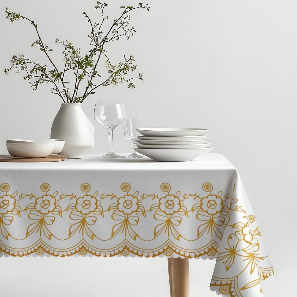 Rectangular Tablecloth with Floral and Bow Edges, Polyester Material, Multiple Sizes Available, Easy to Clean