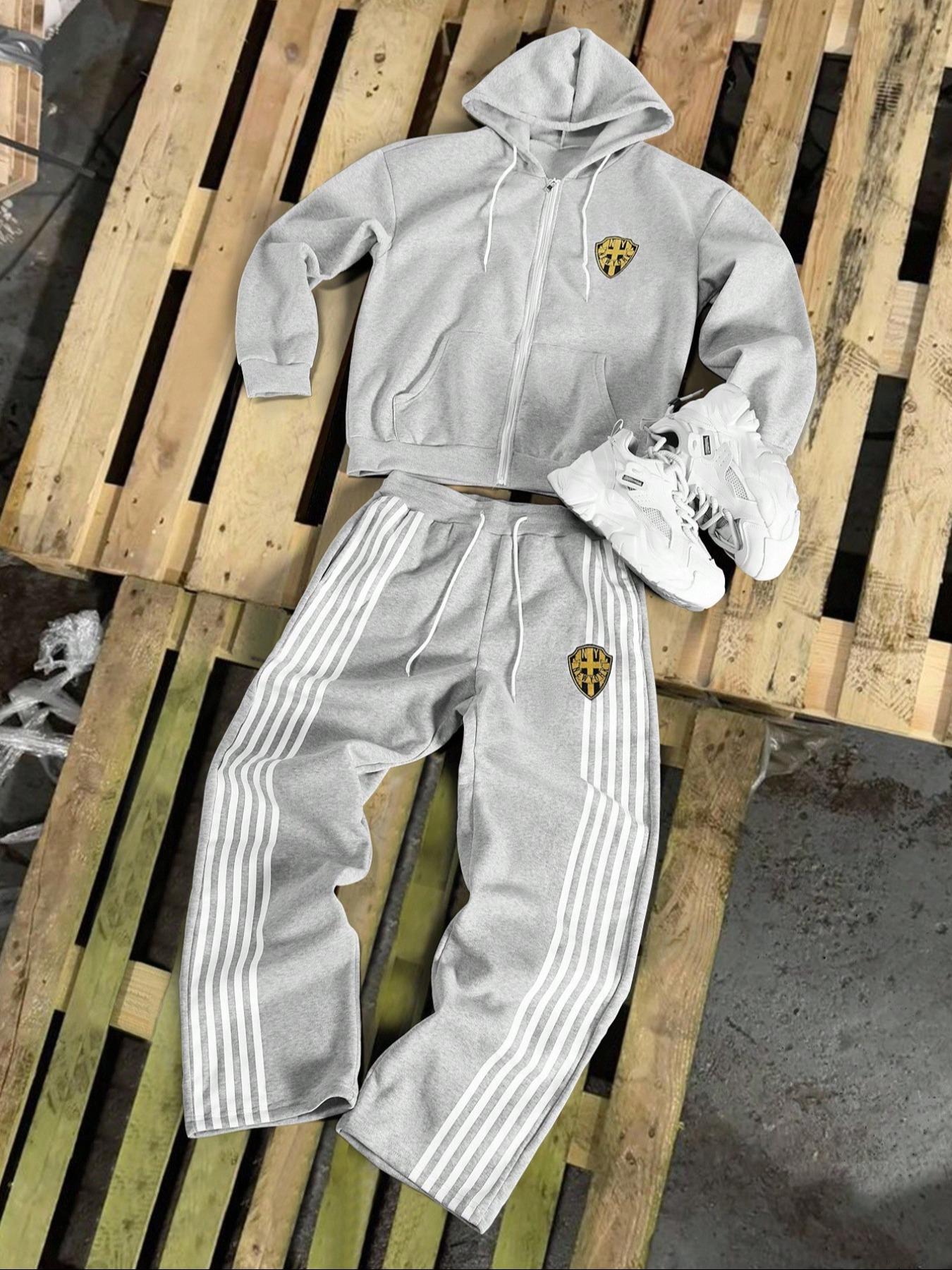 Men's Sportswear Set, Full Zip Hoodie & Drawstring Sweatpants, Fleece Lined, Casual Jogging, Fall Winter Long Sleeve Top,Winter outfits, Athletic Activewear Tracksuits