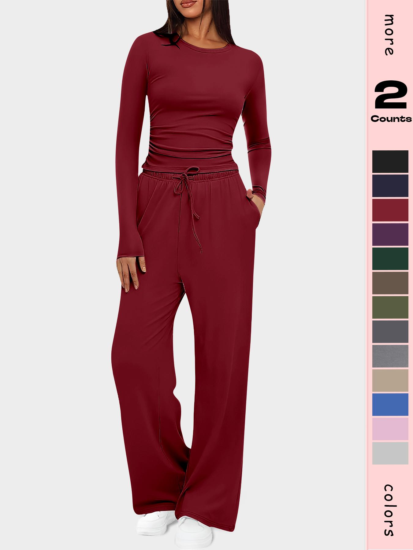 Women's 2-Piece Set Autumn and Winter Loungewear Sets, Ruched Fitted Long Sleeve Tops & High Waisted Wide Leg Pants