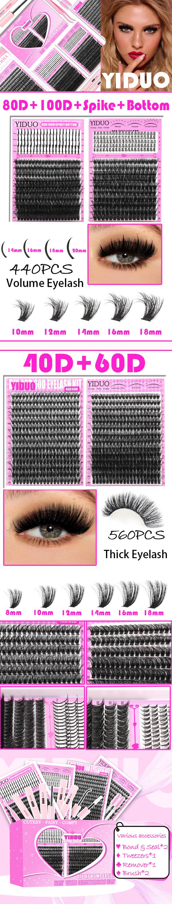 1000 Pcs 6 Styles Lash Clusters Lashes Kit 40D/60D/80D/100D/Spiky/Bottom Lashes Clusters Kit 1-20mm Cluster Eyelash Extension Kit D-Curl With Lash Bond and Seal*2, Lash Remover，Lash Tweezers,Eyelash Brush DIY at Home Easily Eyelash Extensions Set