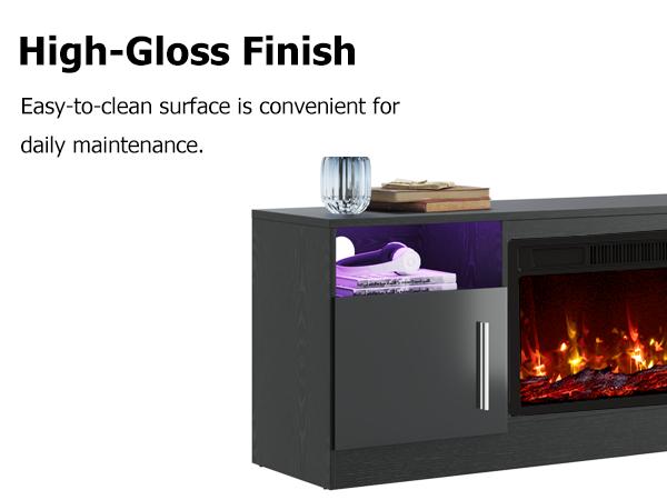 Fireplace TV Stand Entertainment Center with 36" Fireplace, 70" Wooden TV Stand for TVs Up to 80",Media TV Console with High Gloss Storage Cabinet and 16 Colors LED Lights