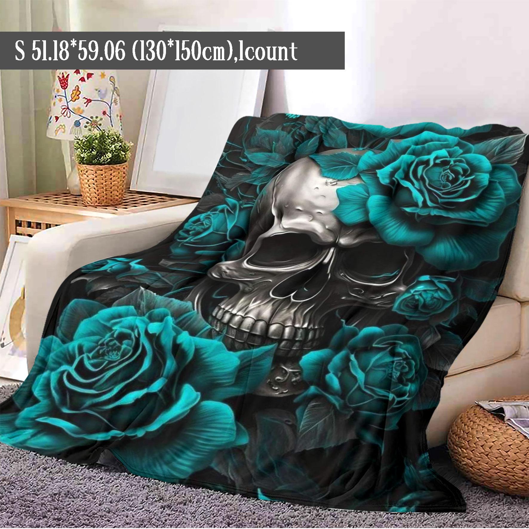 Skull & Rose Pattern Blanket, Soft Warm Throw Blanket, Cool Bedroom Bedding Blankets, Warm Napping Blanket for Home Office Travel