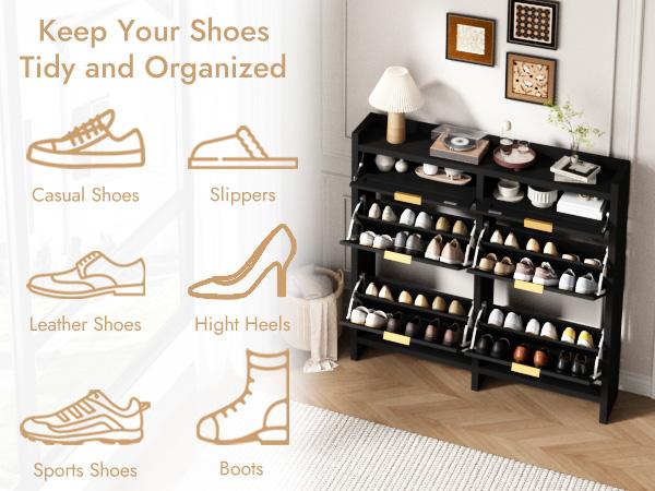 PieDle Furniture Oversized Rattan Shoe Storage Cabinet with 4 Flip Drawers & 2 Drawers – Hidden Slim Shoe Organizer for Entryway, Large Tabletop Space, Farmhouse Boho Narrow Shoe Rack