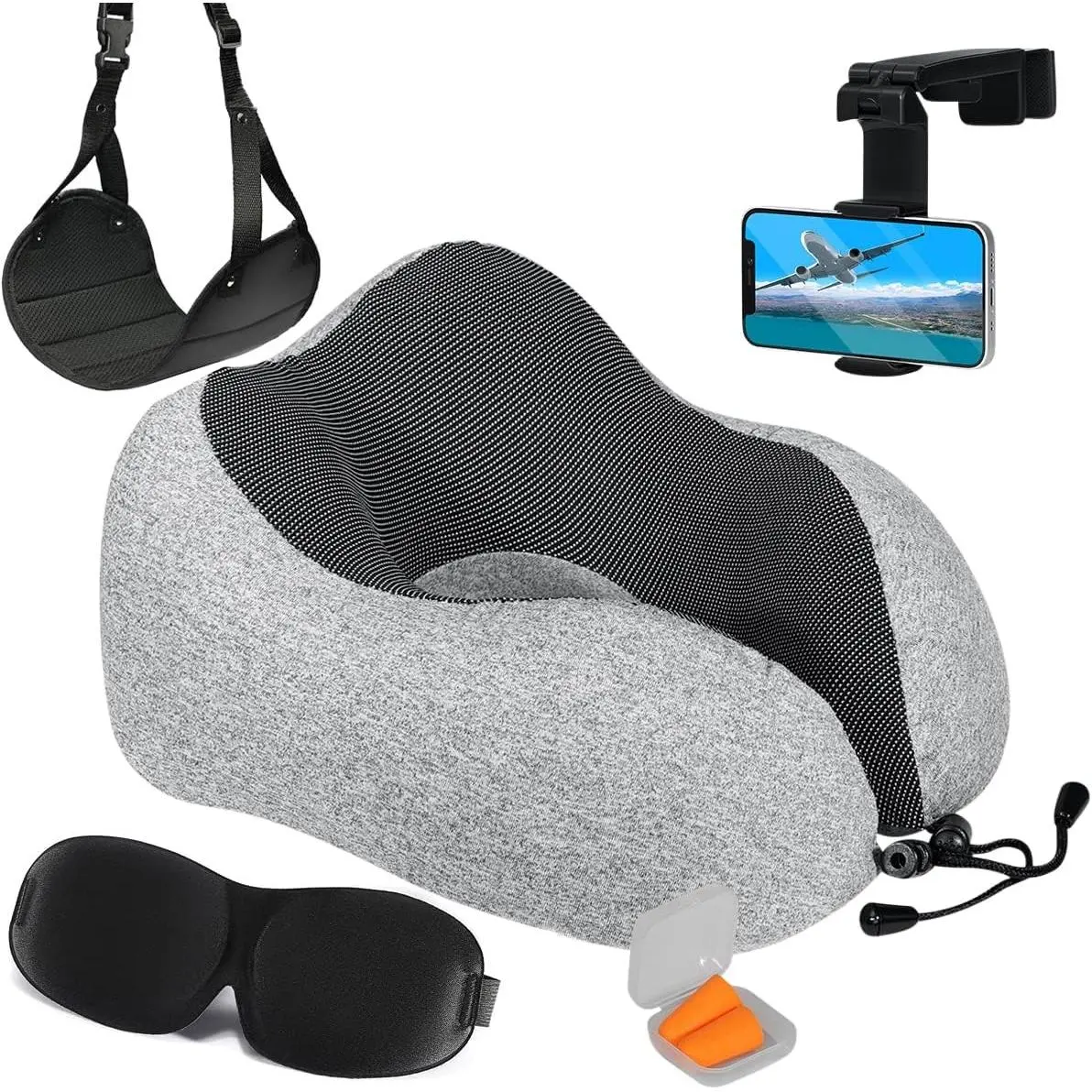 6-Piece Airplane Travel Essentials Kit – Adjustable Memory Foam Neck Pillow, Phone Holder, Eye Mask, Foot Hammock, Earplugs for Long FlightsGift