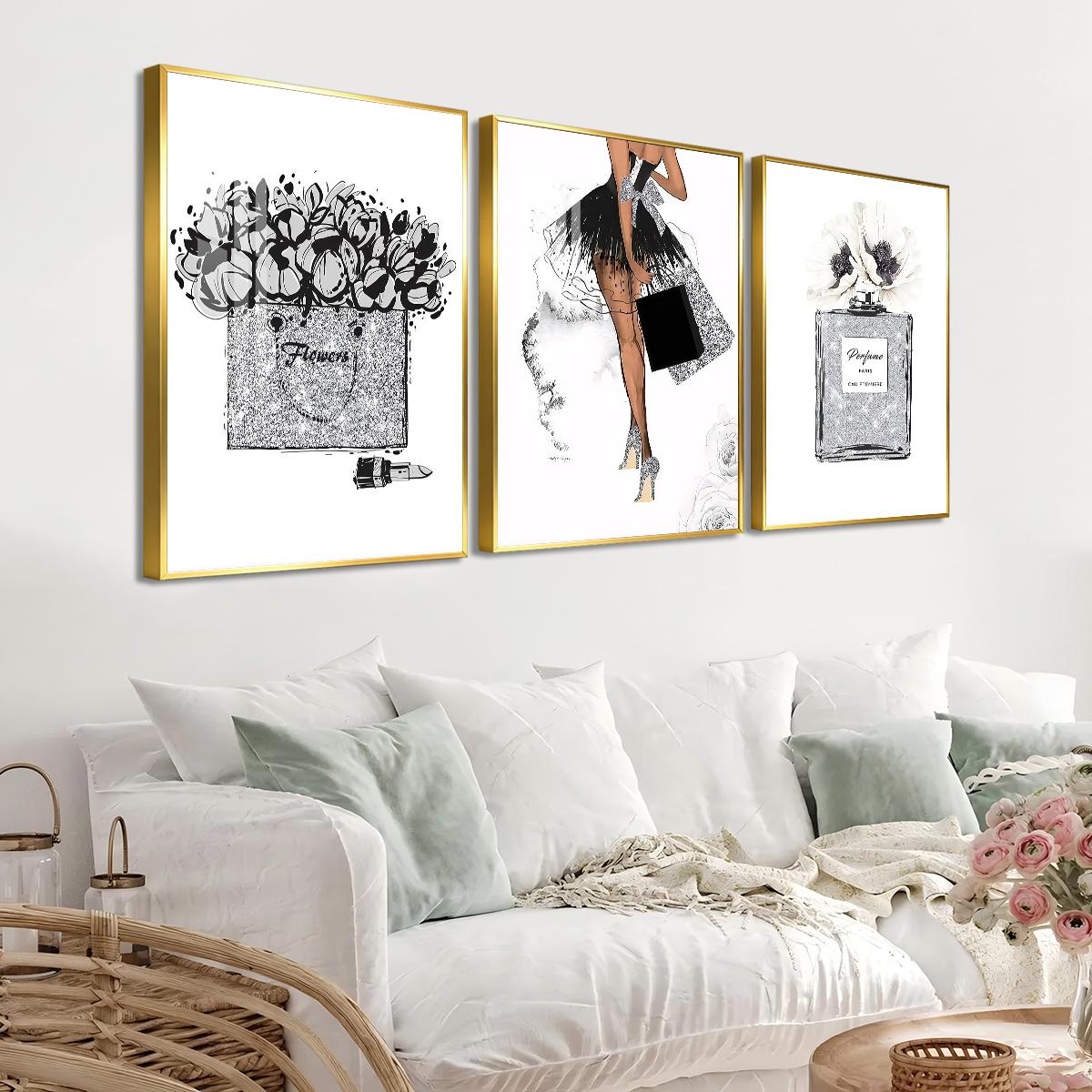 3 Counts Aluminum Alloy Framed Painting, Fashion Girl Perfume And Flower Art Prints, Home Decoration For Living Room, Bedroom, Office, Restaurant, Hallway Wall Decor, Odorless Print Artwork, Luxury Perfect Gift For Friends And Family