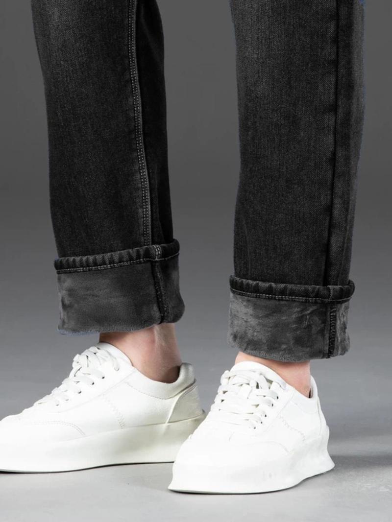 Men's Fleece Lined Denim Jeans, Loose Straight Leg Long Pants, Warm Cotton Elastic Autumn Winter Fashion, Versatile Casual Wear, Denim Clothing