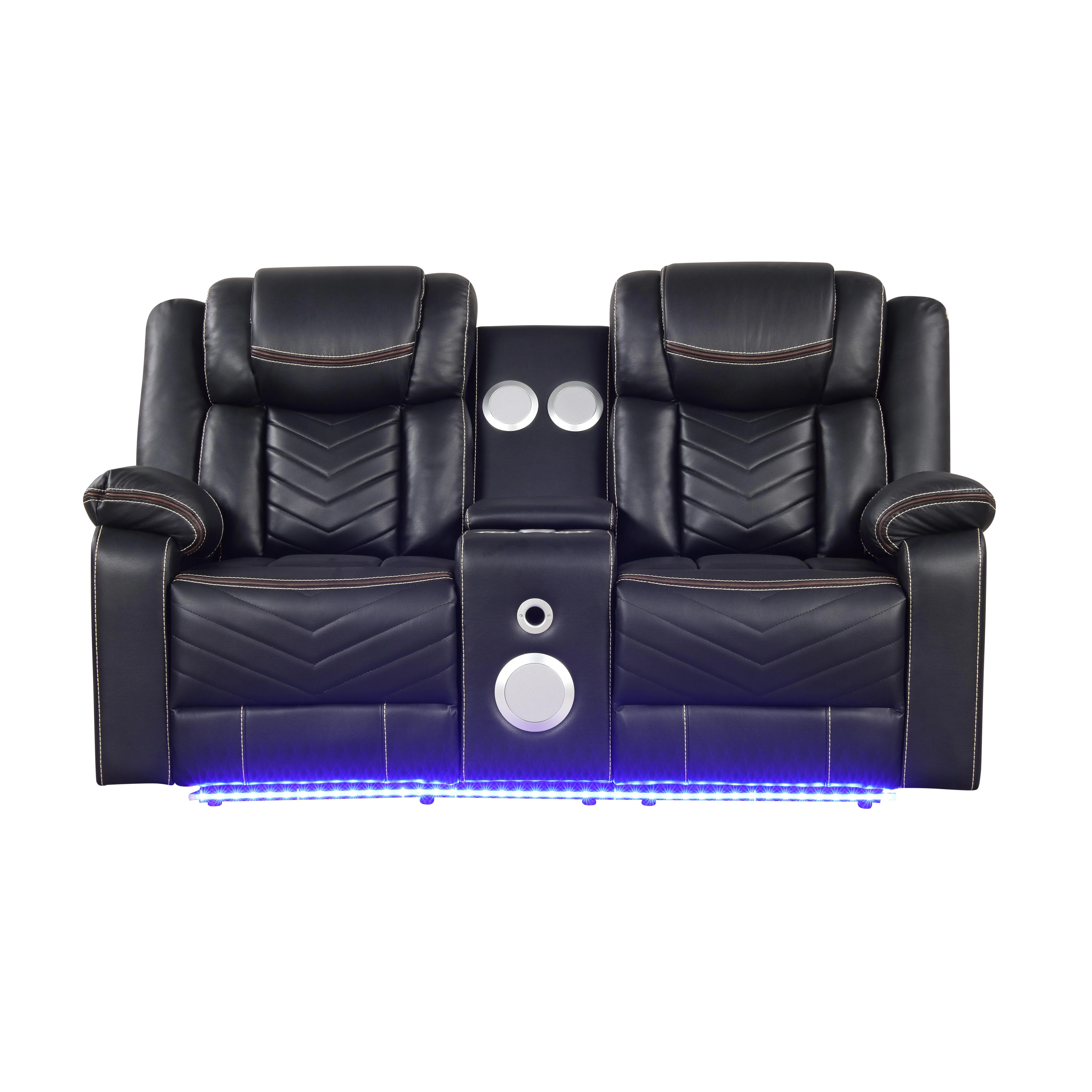 Nokaa Modern LED Power Recliner Loveseat for Living Room, Faux upholstered 2-Seat Sofa with Center Console, Stainless Steel Cup Holders, Hidden Storage, Bluetooth Speakers, USB Ports, Ambient Base Lighting, Black, Medium-Firm