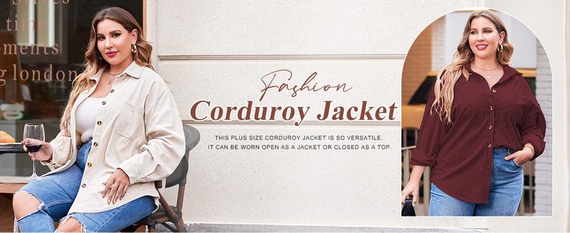 IN'VOLAND Womens Plus Size Corduroy Shirt Long Sleeve Button Down Shirts Fall Blouses Tops Casual Jacket Shacket Loose Fit Lightweight