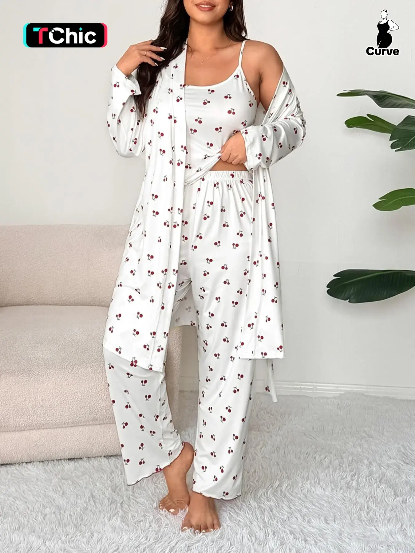 Plus Size Cherry Print Women's Sweet Comfortable Belted Robe & Sleeveless Long Pants & Cami Set, Three-Piece Pajama Sleepwear, Casual Home Wear