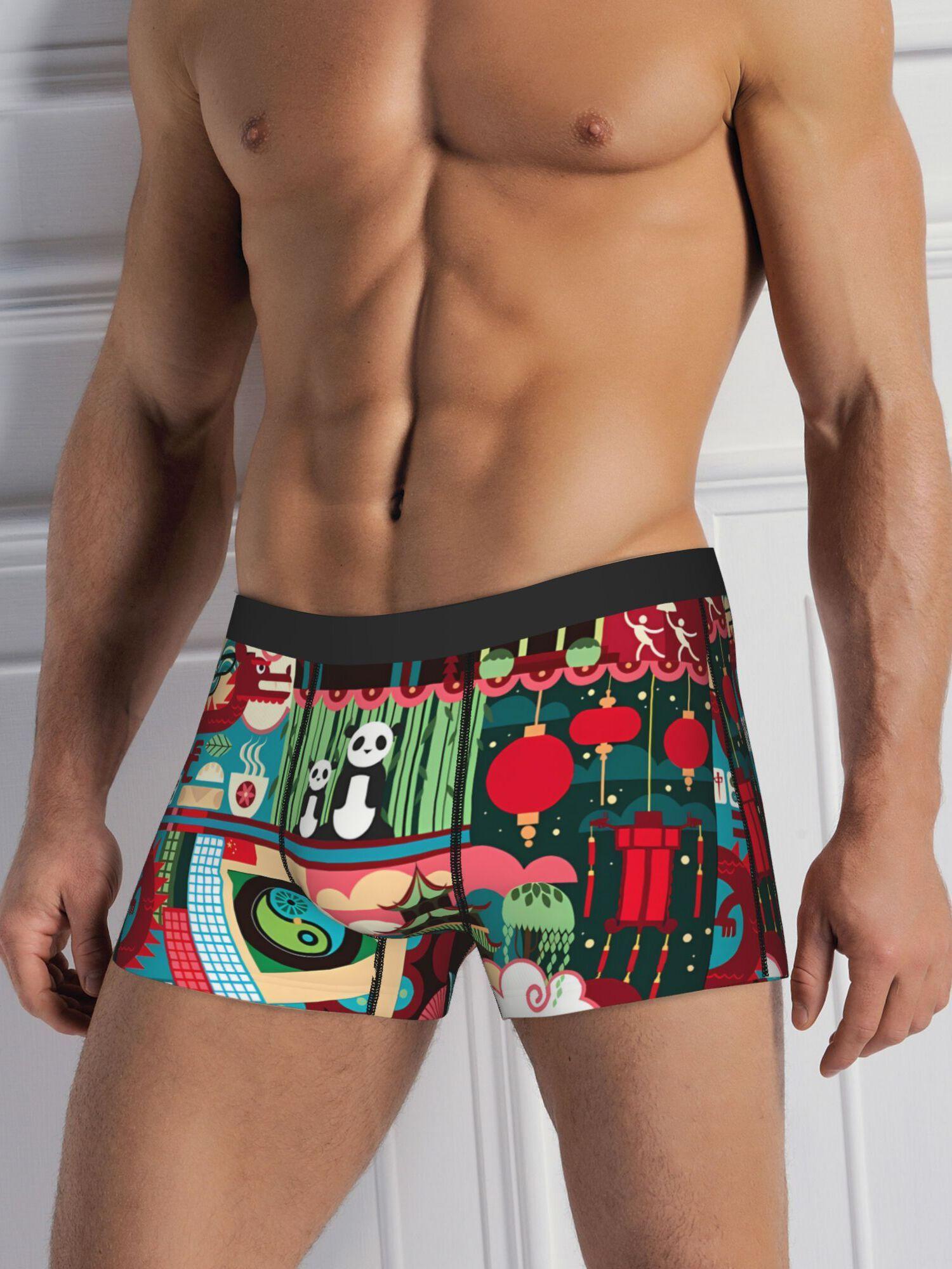 BIIHUDU Men's Saint Basil's Cathedral & Panda Print Polyester Briefs - Mid-Stretch Non-Transparent Underwear, Vibrant Cultura