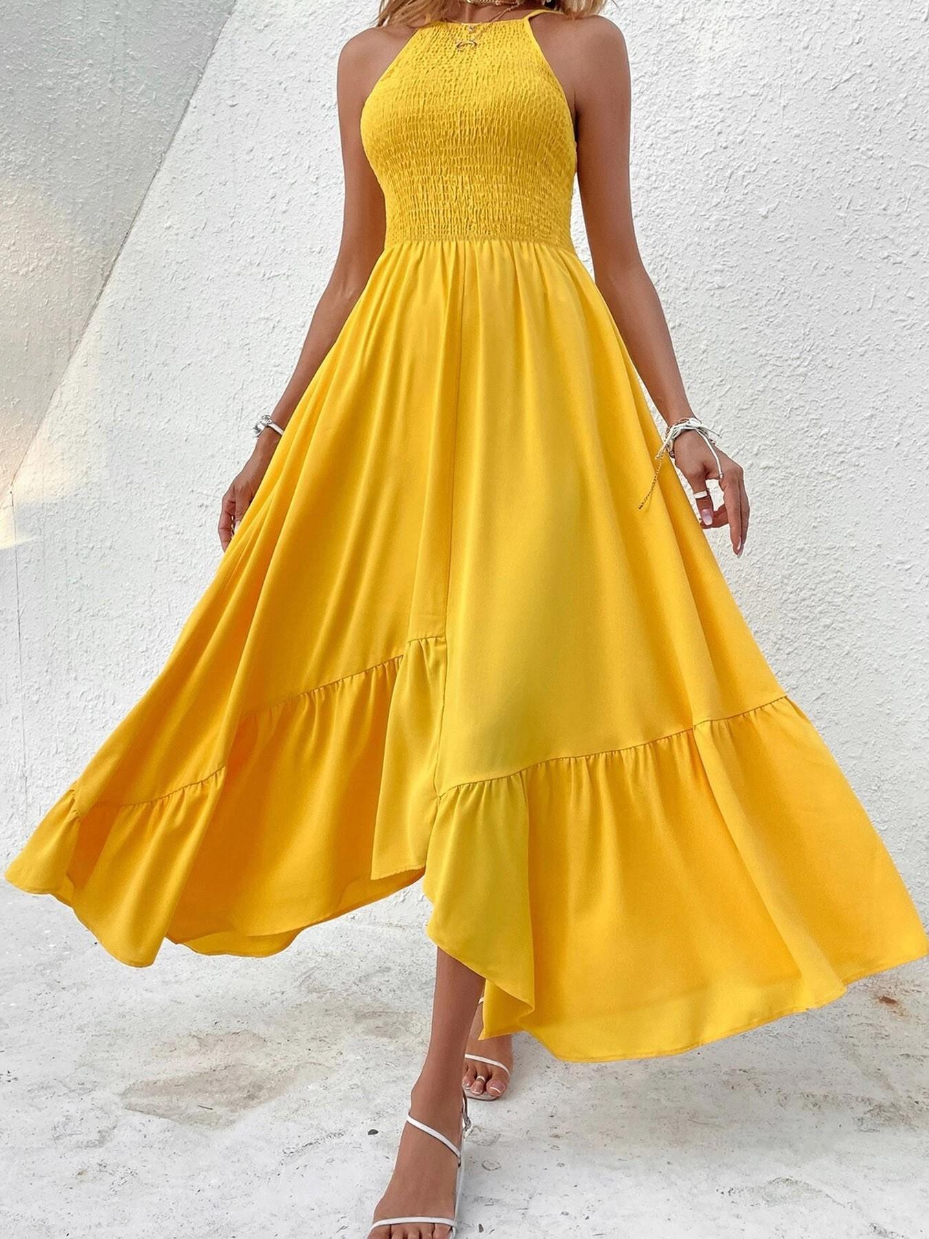 Pure Color Halter Top Front Gathered Design, Irregular Hem Waist Cinched Chic Dress, Perfect for Beach Vacation, Spring & Fall Fashion