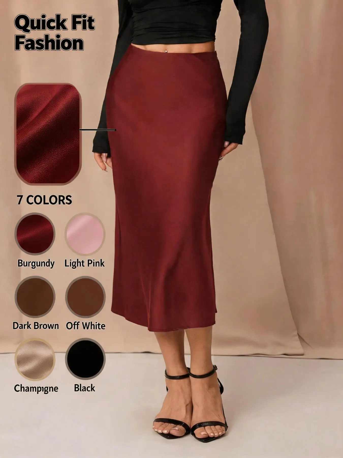 Elegant Midi Skirt for Women, Solid Color Satin High Waist Fish Tail Hem, Perfect for Parties and Daily Wear, Smooth and Flowing Fabric