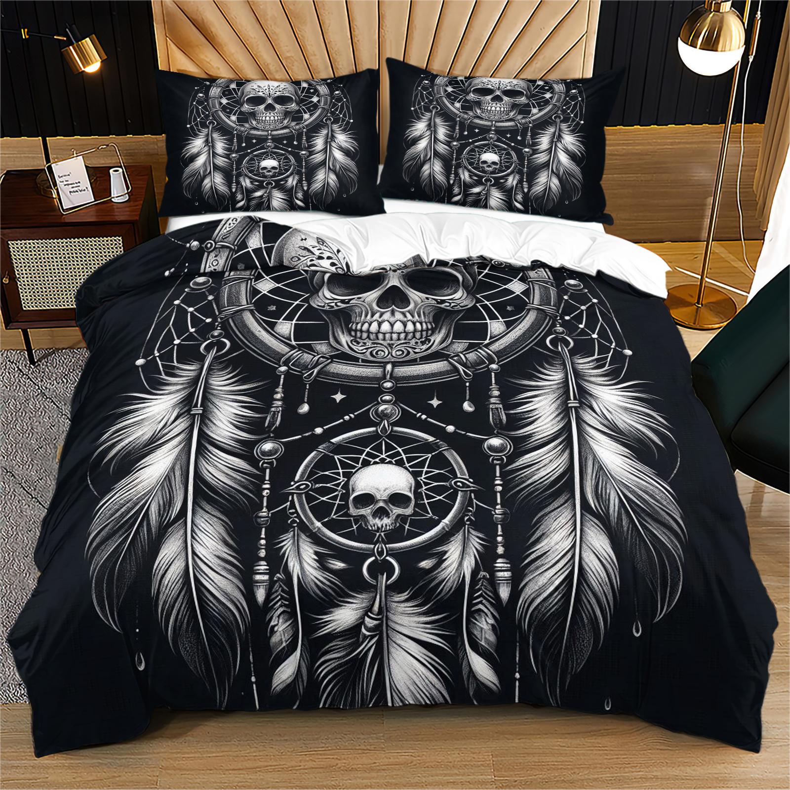 Skull Pattern Soft Durable Decorative Bedding Set, Includes 1 Fitted Sheet and 1 or 2 Pillowcases, No Cotton Inner Core, Ideal for Daily Use, Holidays, Birthdays