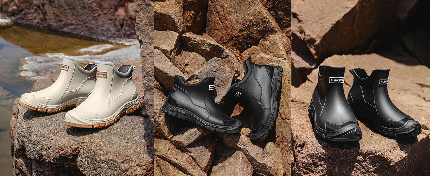 Unisex stylish waterproof rain boots, pull-on rubber outsole, comfortable fabric lining, for outdoor activities, water sports and casual wear, pull-on shoes |         Classic boot design |         Comfortable lining, waterproof shoes