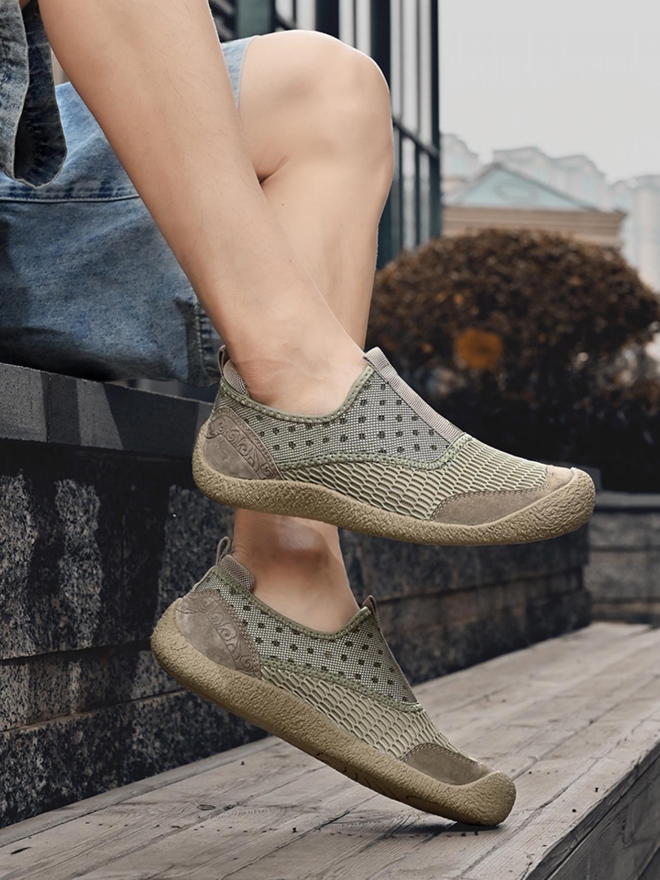 Men's Solid Color Mesh Breathable Slip-On Loafers, Soft Sole Anti-Slip Hand-Stitched Walking Shoes, Lightweight Casual Dad Shoes