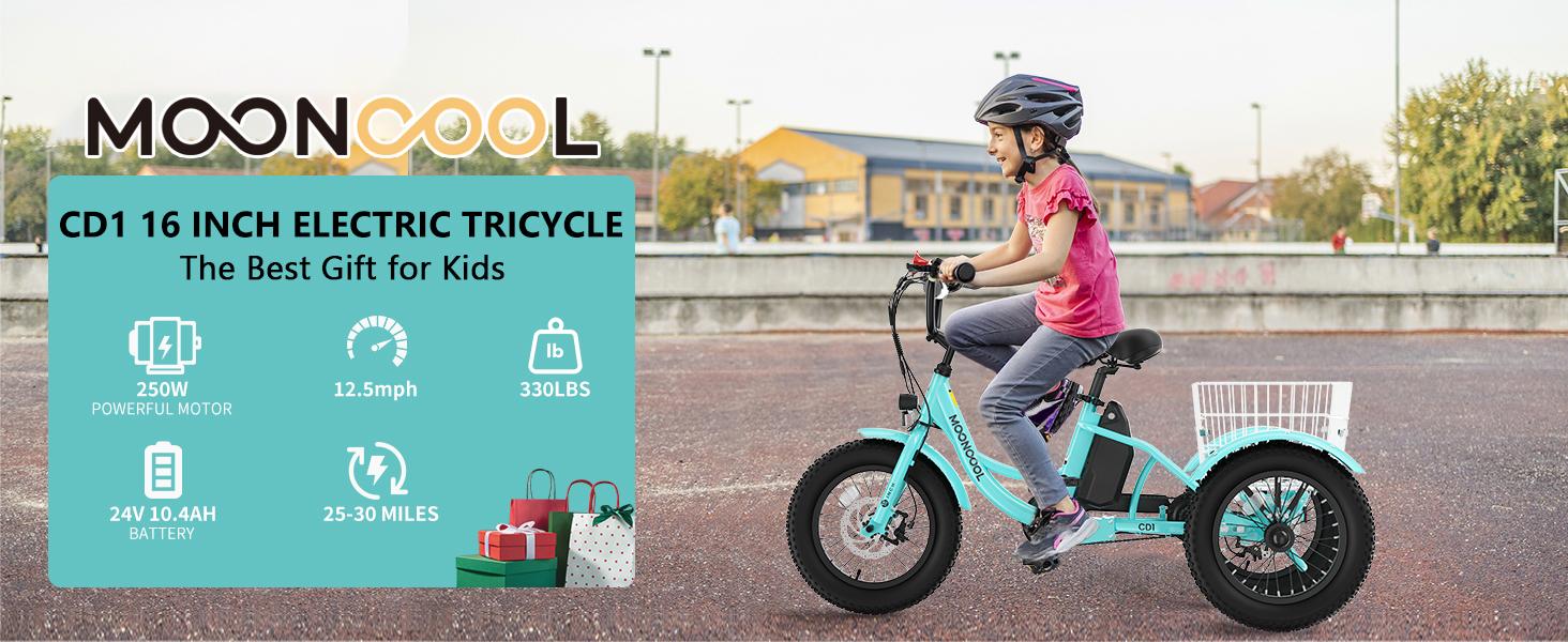 MOONCOOL Electric Tricycle for Youth, 35 Miles 16IN 3.0 Fat Tire Electric Trike, 3 Wheels Electric Bicycle Bikes, 250W Aluminum Frame Electric Tricycle Etrike with Removable Battery and Basket