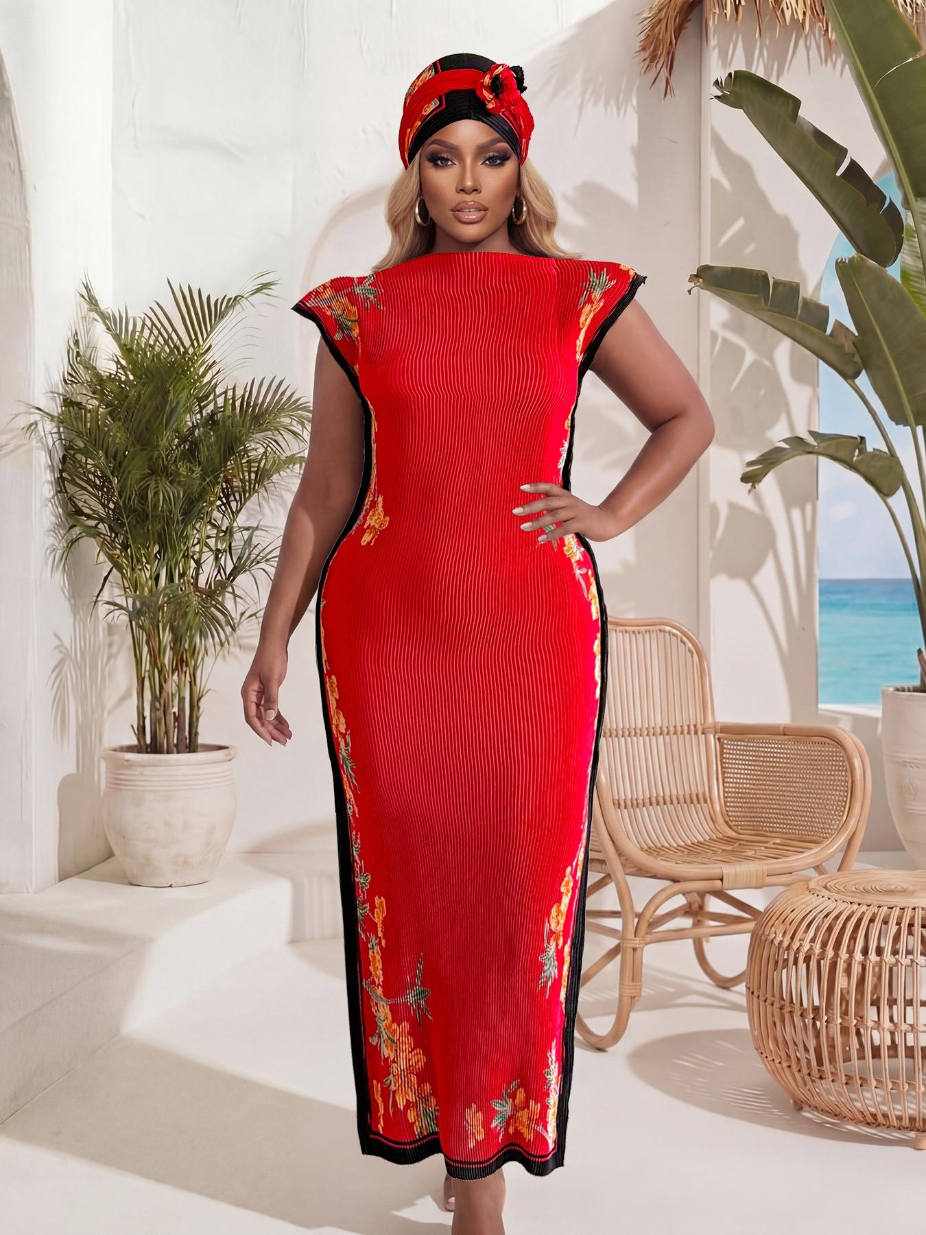 Elegant Ruffled Slim Fit Long Dress Set, Floral Print Shawl Scarf + Silk Ribbon, Women's Beach Sun Protection Wrap, All Seasons