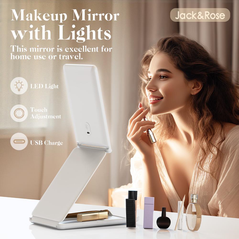 Jack & Rose Travel Makeup Mirror with 3 Color Lights，Adjustable Height and Angle,Portable Folding Mirror，Touchable Screen，Adjust Brightness Summervibes
