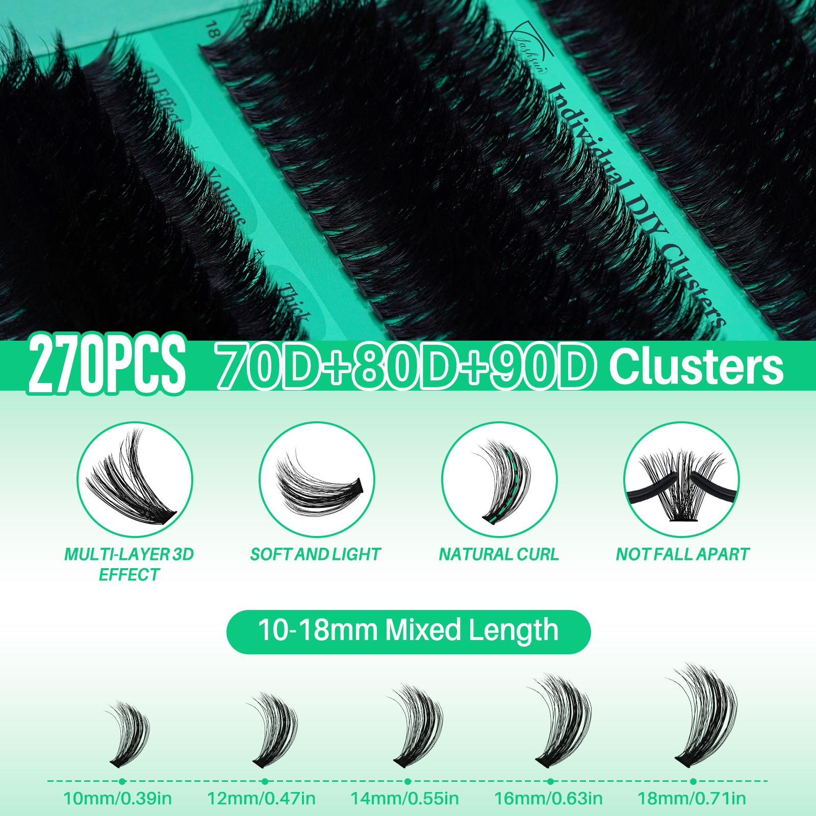 270Pcs D Curl 70D80D90D 3 Styles 10-18mm Mixed Length Volume & 3D Effect Kit Soft and Comfortable False Eyelashes Set Comes with Lash Bond&Seal Lash Remover And Tweezers, Perfect For DIY Eyelash Extensions At Home, Beginner friendly