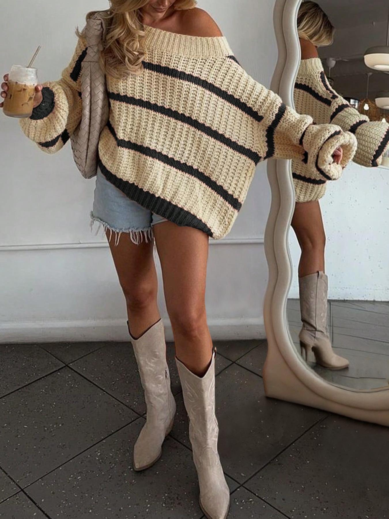 Women's Asymmetrical Neckline Colorblock Striped Lantern Sleeve Sweater, Casual Loose-Fit Knitted Pullover Knitwear for Fall & Winter