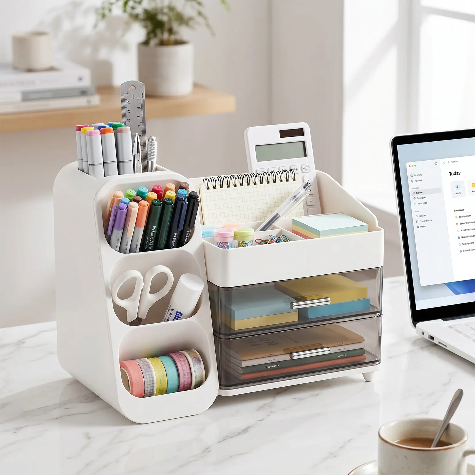 Desktop Organizer with Clear Drawers – 5-Compartment Stationery Caddy for Desk, See-Through Storage Tray for Pens, Clips & Notes, Durable ABS/PET Construction, White