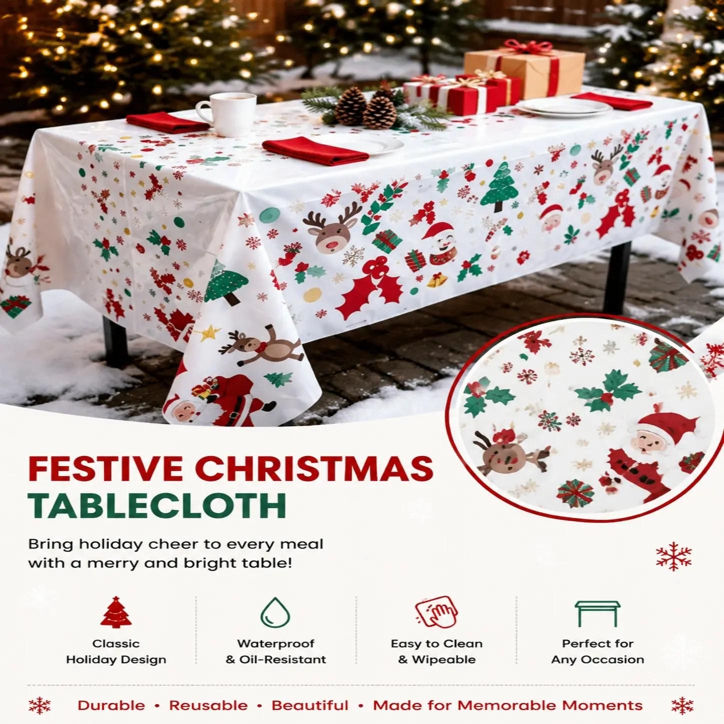 Christmas Disposable Tablecloth, Santa Claus Christmas Tree Gift Pattern Table Cover for Xmas Party Decoration