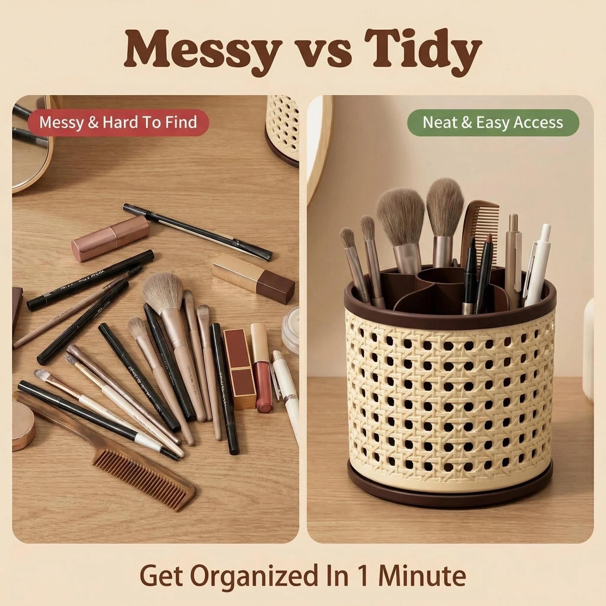 Vintage Woven Makeup Organizer, Large Capacity Rotating Desk Pen Holder, Detachable Easy Clean Compartment Brush Storage Box