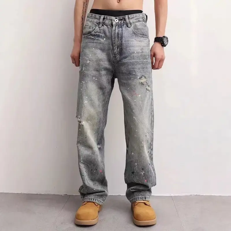H281  Men's jeans in American street style with splatter paint, ripped, loose, casual, straight-leg pants