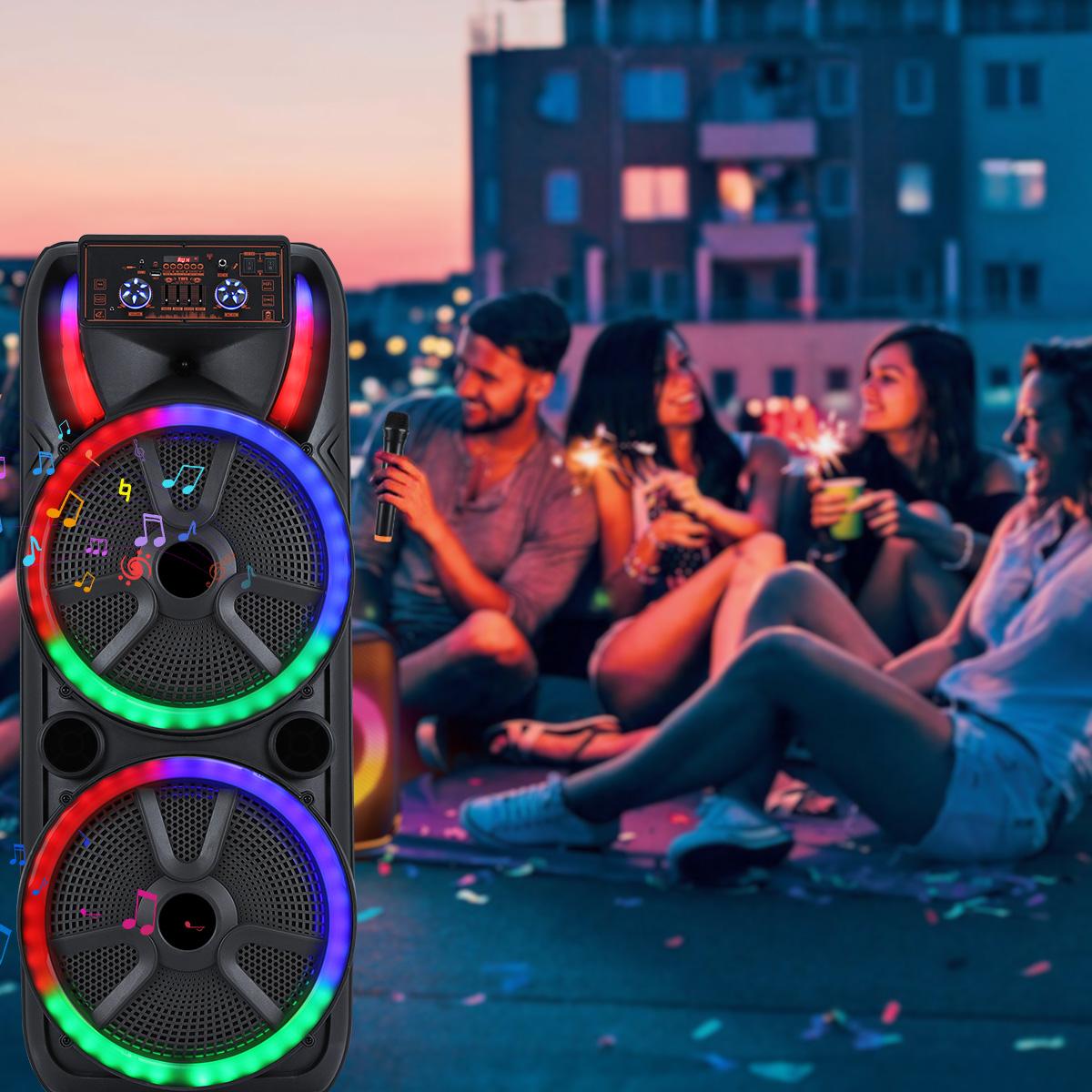 Dual 15 inch Karaoke Speaker System W/ 2 Microphone Portable Party Box Loud Big Speaker Wireless Bluetooth Stereo Rechargeable Remote Control LED Lighting