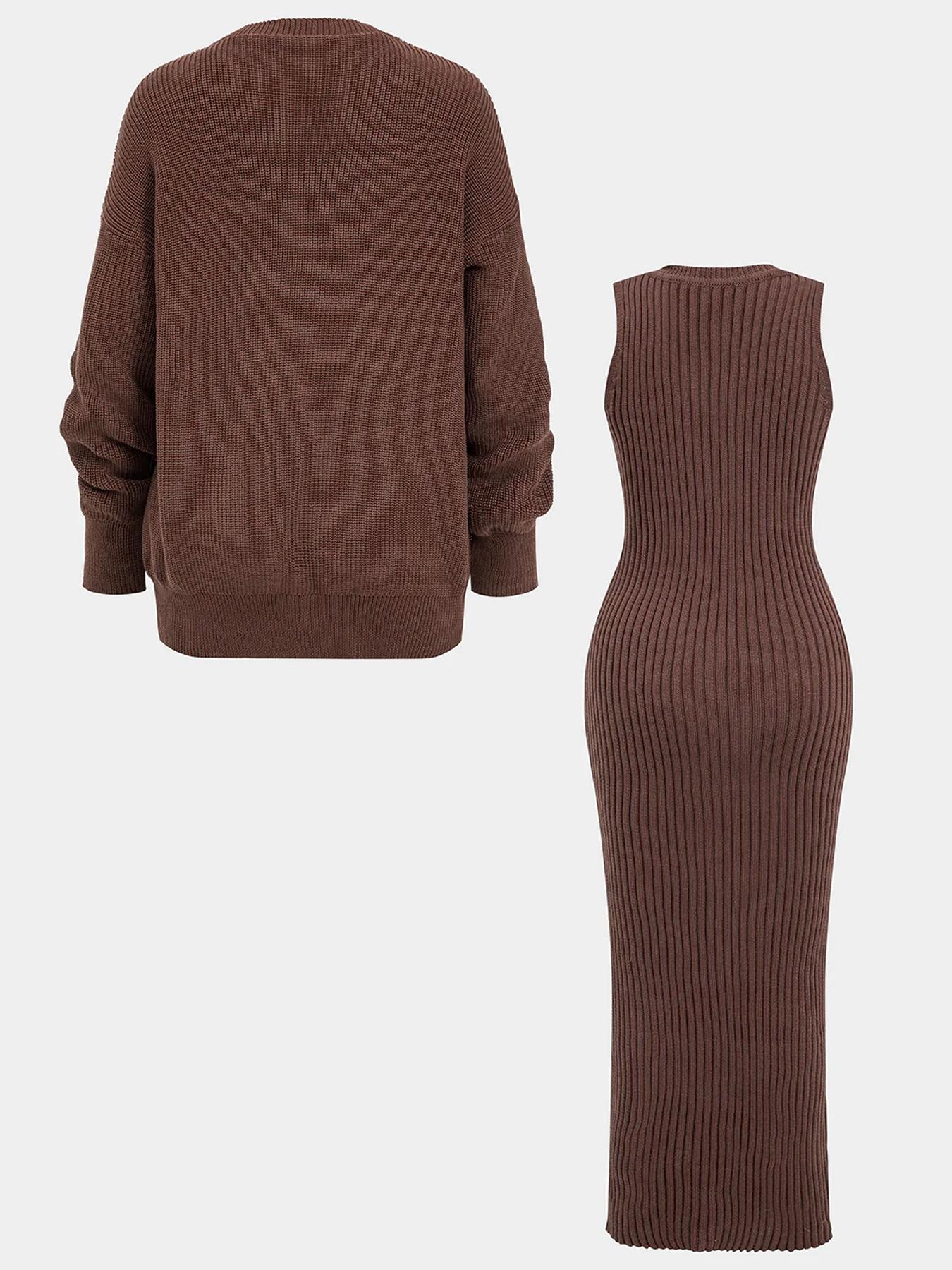 Women's Elegant Sleeveless Dress Set, Fashion Casual Long Knit Cardigan, Buttonless Sweater, Fall & Winter, Knitwear