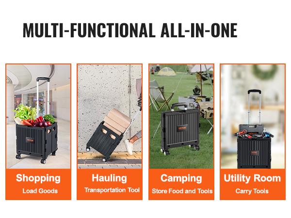 VEVOR Foldable Utility Cart, 110 lbs Load Capacity, Folding Portable Rolling Crate Handcart with Heavy Duty Telescoping Handle and 4 Rotate Wheels for Travel Shopping Moving Luggage Office Use, Black