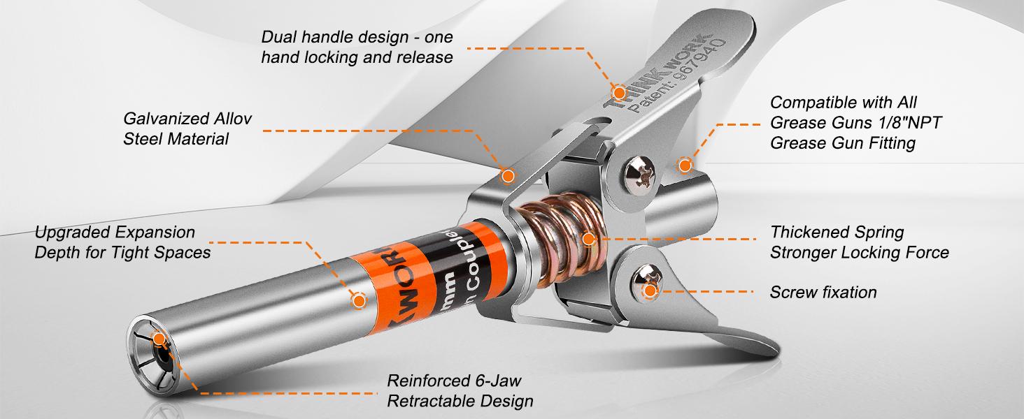Gun Coupler, Handle Reach, Lock on Greases Gun Couplers, 12000 PSI Quick Release Coupler,Compatible with All Guns 1/8" NPT Gun Fitting
