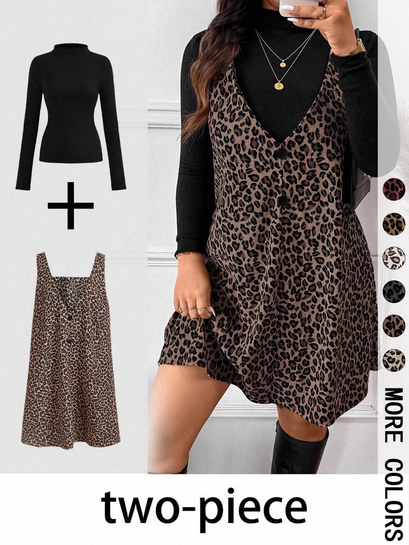 Valentine's Day Women's High Neck Inner Layer + Leopard Print Strap Skirt Set, Casual Daily Spring Autumn Commuter, Two-Piece Ensemble