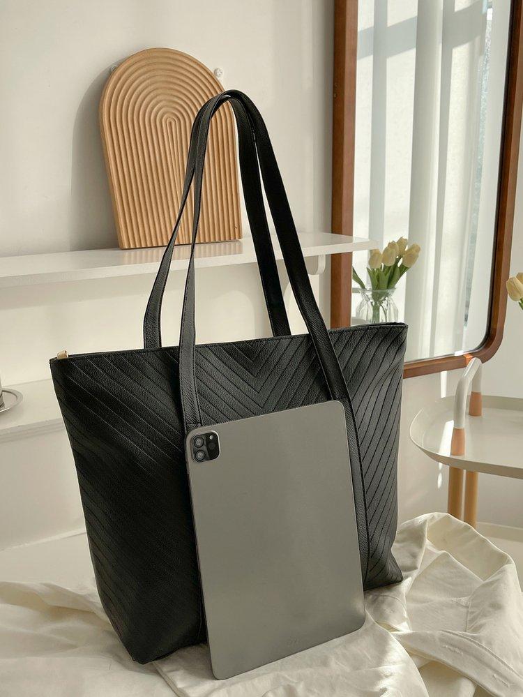 Large Capacity V-Texture Leather Tote Bag for Women, Lightweight Soft Leather Shoulder Bag, Commuter Laptop Mommy Bag, Casual Crossbody Backpack