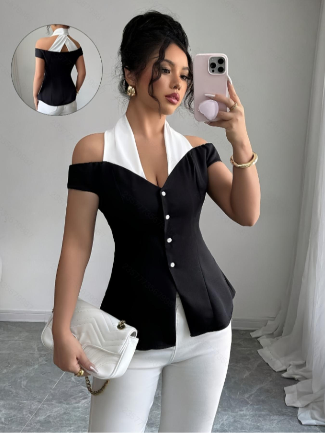 Women's Elegant Commuter Colorblock Off-Shoulder Halter Neck Top, Casual Everyday Top, womenswear, Summer Wear, Fitted, Stylish, Chic and Comfortable, Perfect for Office and Casual