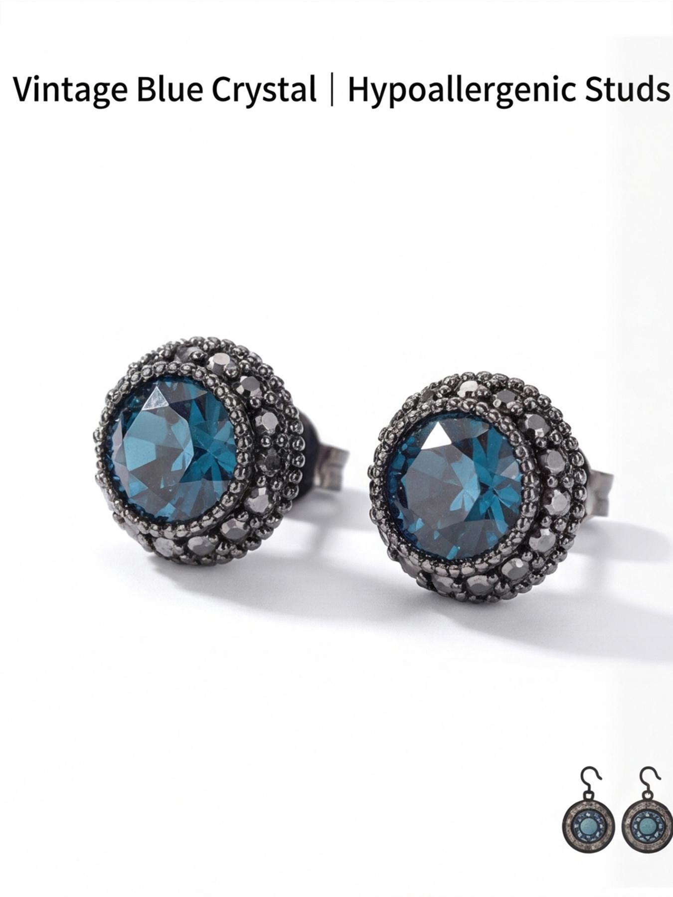 Women's Hypoallergenic Vintage Blue Crystal Round Stud Earrings, Gunmetal Tone Black Rhinestone Halo Stud Earrings, Retro Fashion Jewelry for Everyday Wear & Gift