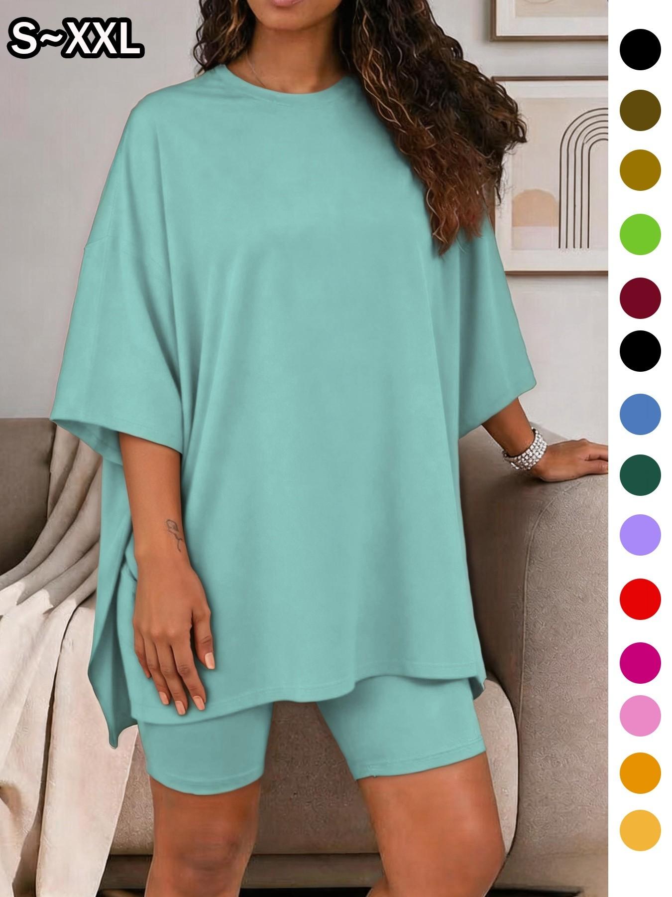 Women's Solid Color T-Shirt and Tight Shorts Set Loungewear, Summer Comfort Round Neck Pajamas, Casual Pocket Design, Suitable for Outdoor Wear
