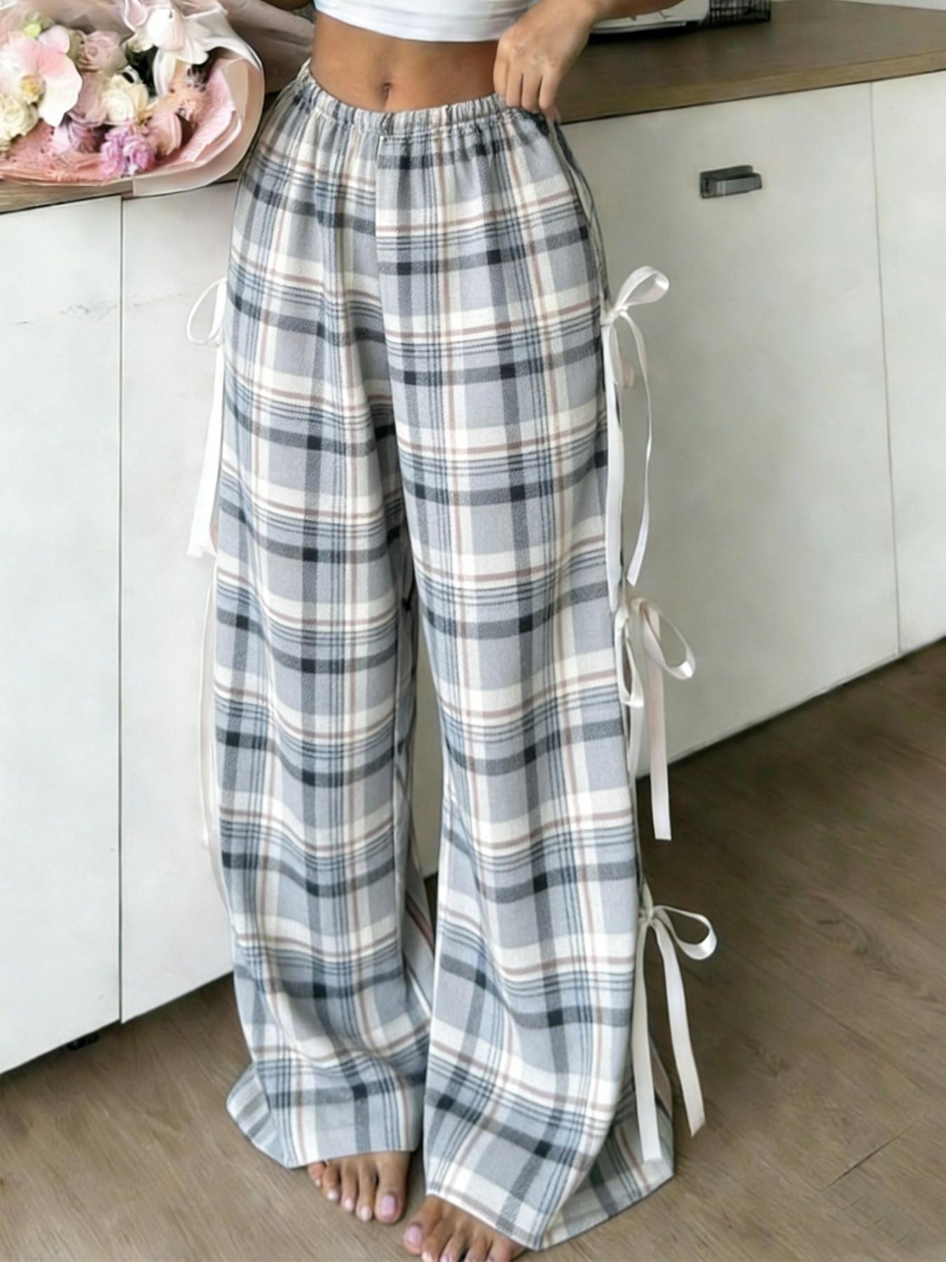 Women's Multicolor Striped Plaid Wide Leg Pants, Side Bow Tie Long Pants, Sweet Heart Star Print Casual Trousers, Bottoms