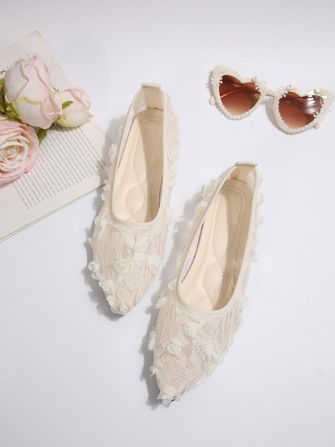 Women's Breathable Sheer Lace 3D Floral Rose Applique Pointed Toe Slip On Flat Ballet Flats Non Slip Cloud Cushioned Arch Support All Day Walking Wedding Bridal Date Vacation Casual Footwear Off White Pure White Pink Black Four Romantic Soft Tones