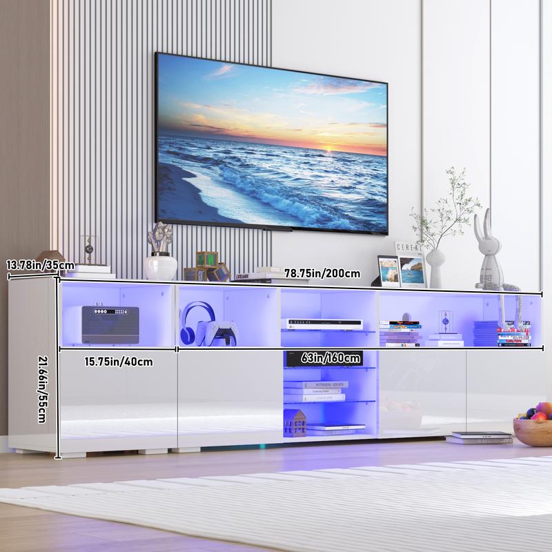 79IN LED TV Stand for 75/80/85inch TV,High Glossy Modern TV Stand for Living Room,TV Entertainment Center with Adjustable Storage Shelf,RGB LED Lighting,TV Console (Black/White)