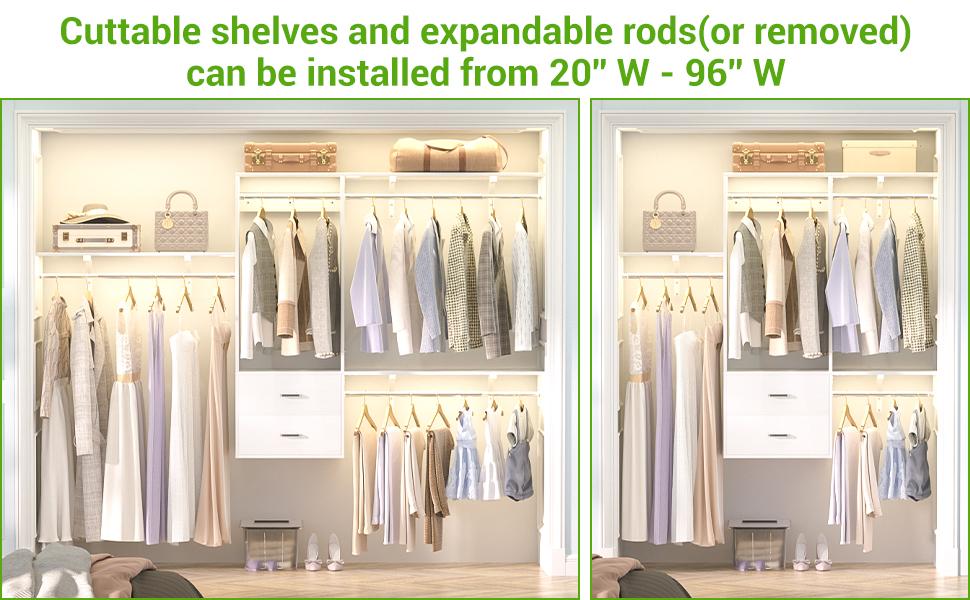 8FT Wall Mounted Closet System with 3 Shelving Towers and 3 Hanging Rod,96'' Hanging Walk In Closet Organizer System with 2 Wooden Drawers,Hangable 8FT Wall Mounted Closet System with 3 Shelving Towers and 3 Hanging Rod,96'' Hanging Walk In Closet Organizer System with 2 Wooden Drawers,Hangable