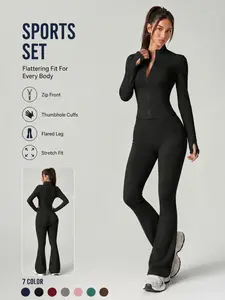 Women's 2 Piece Set Long Sleeve Jacket Flare Pants Solid Color Sports Set Thumb Holes Design Comfortable Breathable Stretchy High Waist Butt Lifting Shaping Yoga Outfit Gym Training Outdoor Running Cycling Daily Outing Casual Versatile Activewear Set