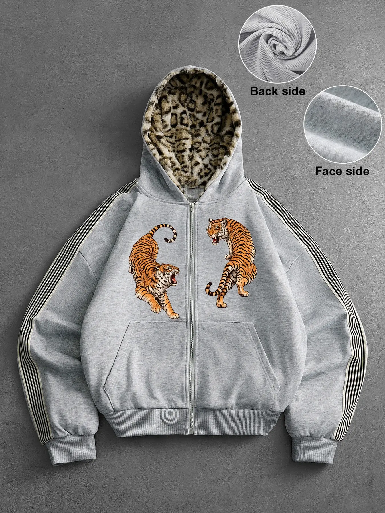 Men's Tiger Graphic Zip Hoodie, Black Loose Fit Jacket with Leopard Print Plush Hood Lining and Striped Sleeves, Long Sleeve, Casual Streetwear for Fall and Winter