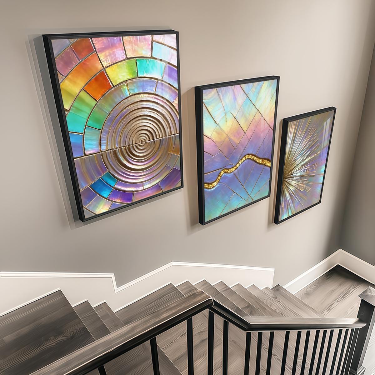 3 Counts Aluminum Alloy Framed Painting, Iridescent Abstract Geometric Art, Home Decoration For Living Room, Bedroom, Office, Restaurant, Hallway Wall Decor, Odorless Print Artwork, Luxury Perfect Gift For Friends And Family