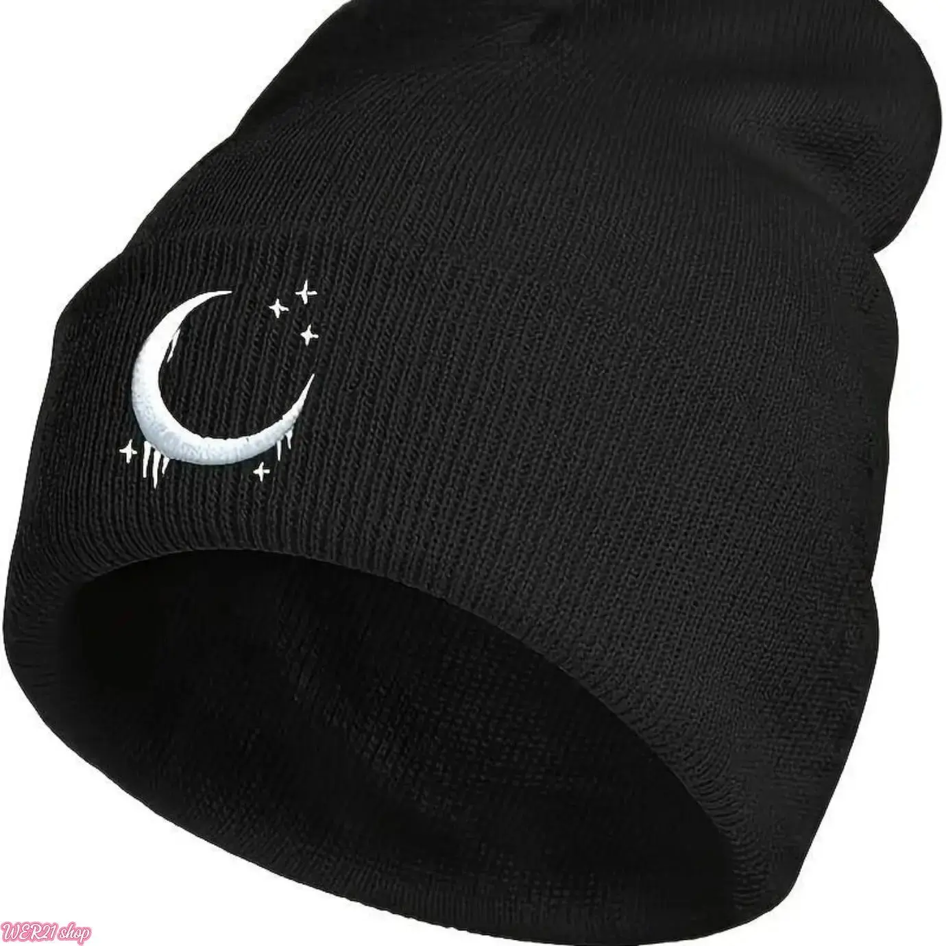 [WER21]Unisex Gothic Beanie, Warm Knitted Skull Cap with Crescent & Stars Embroidery for Winter Casual Fashion, Knit Fabric, Embroidered Motif, Gothic Look, Thermal Knit Hats