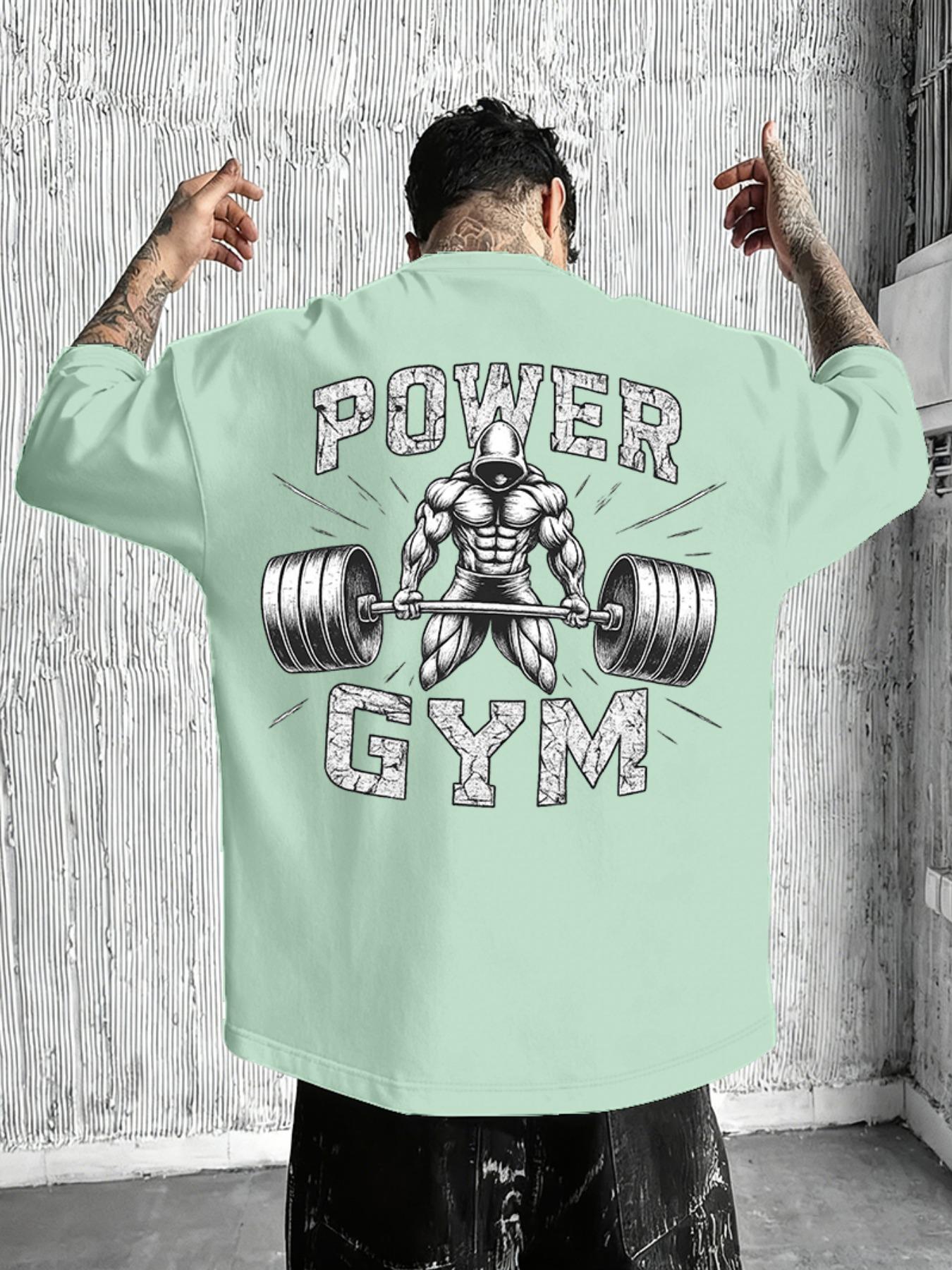 Men's Cool "Power Gym" Bodybuilding Graphic T-Shirt: Black Oversized Tee with Weightlifting Print, Perfect for Fitness Enthusiasts and Street Gym Style