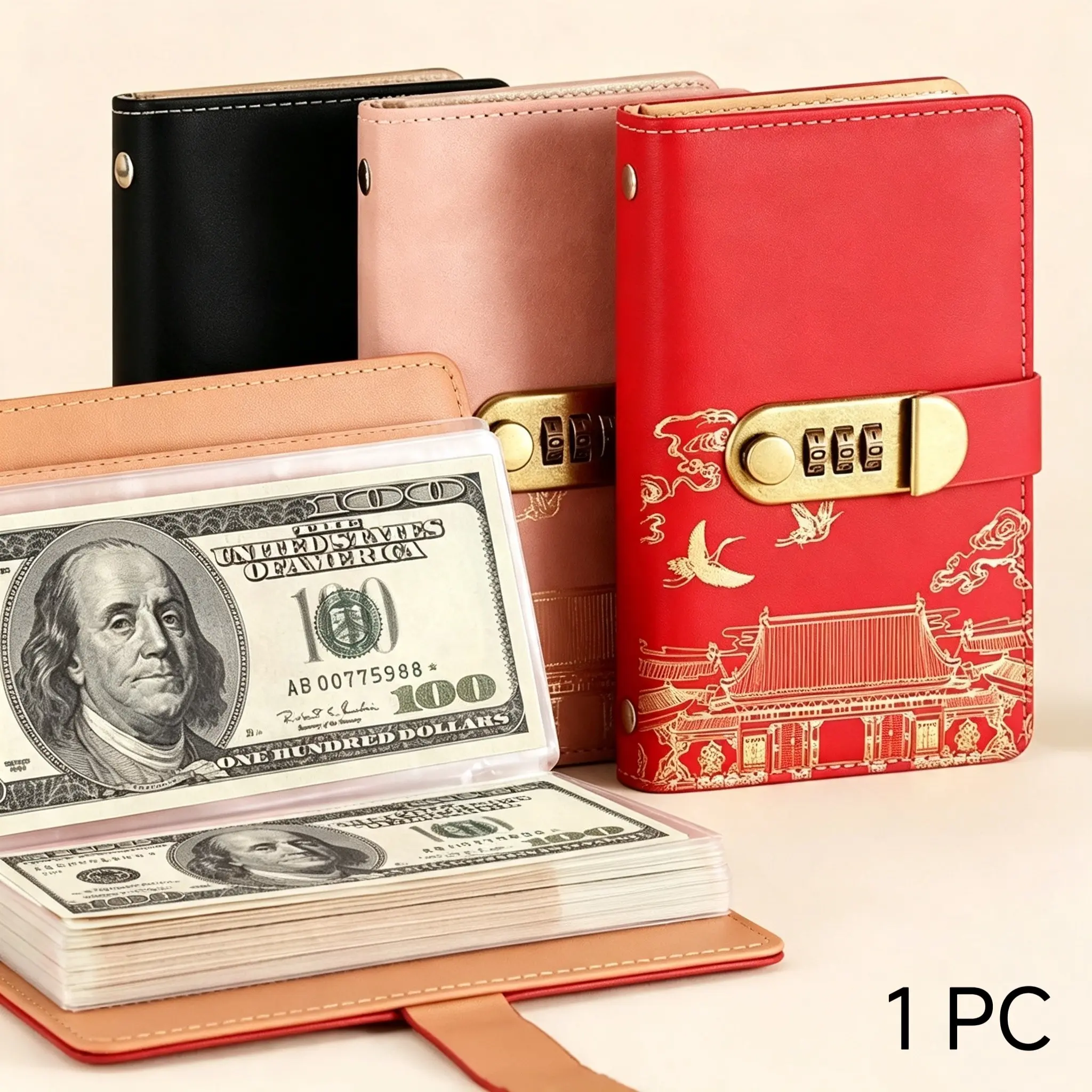 Large capacity 100-page 3-ring binder cash and photo storage book with password lock-plastic cover, binding system suitable for money, stamps and photo albums-office use, financial record notebook, Savings Binder, Binder Organizer