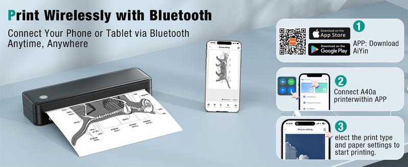 Portable Printer Wireless for Travel, Inkless Thermal Printer Supports 8.5 x 11 Inch Thermal Paper, Bluetooth Compatible with iOS, Android, Laptop Includes 2 Rolls & 10 Sheets of Paper Kit