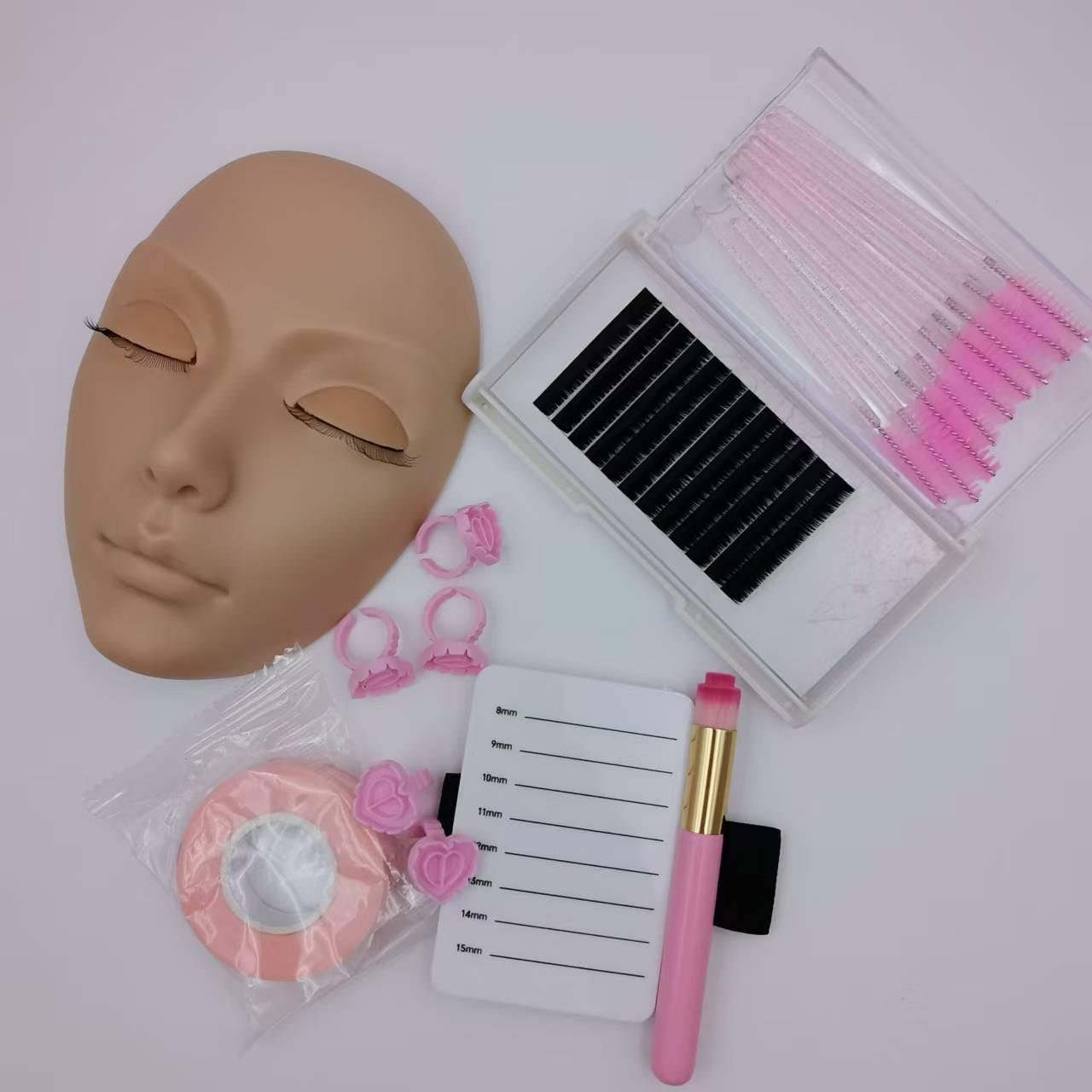 Portable False Eyelash Cosmetic Practice Set with Head Model, Eyelash Box, Adhesive Tape, Eyelash Glue, Mousse Brush, and Rings, Ideal for Eyelash Application Training
